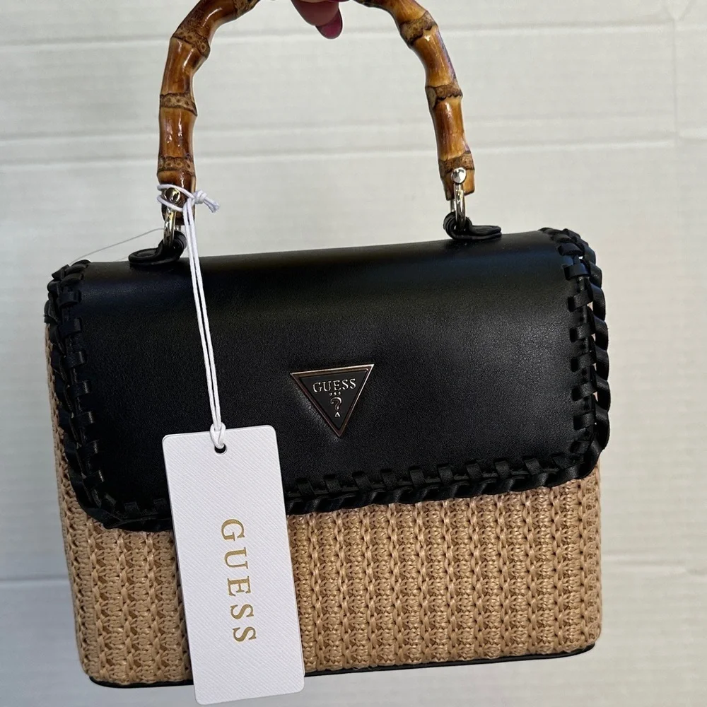 New GUESS Black and Tan Satchel with Bamboo Handle